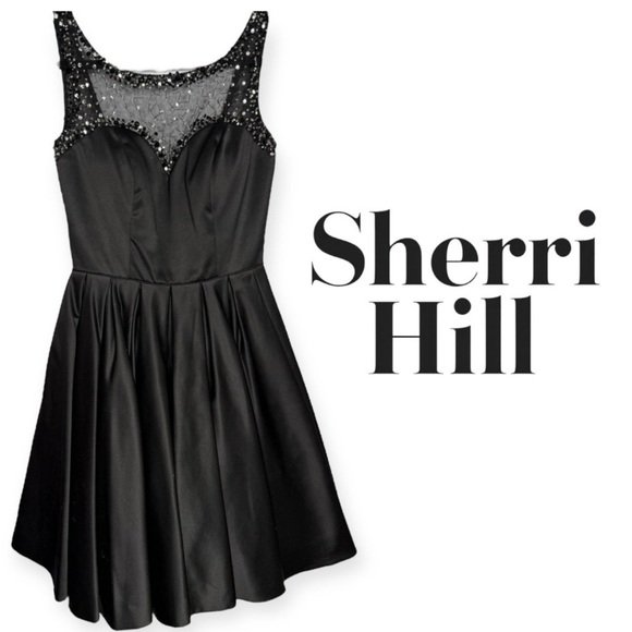 Sherri Hill Black Satin Fit and Flare Dress with bead and sequin embellishments - Picture 5 of 10